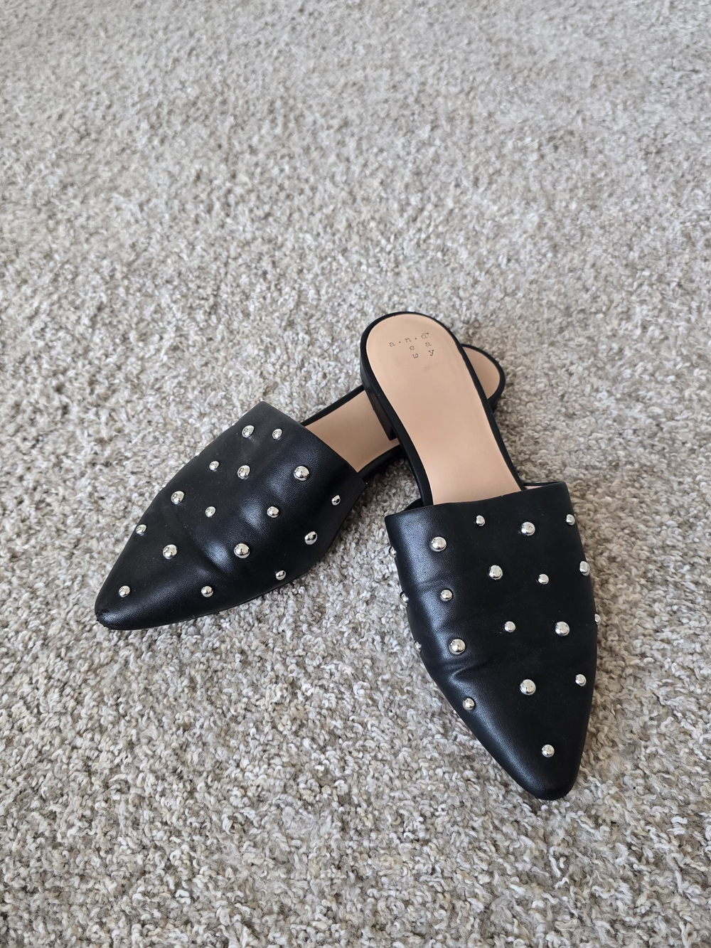 Black Pointed Women's Slip-On Mules with Silver Studs, Classic, Stylish, Size 10